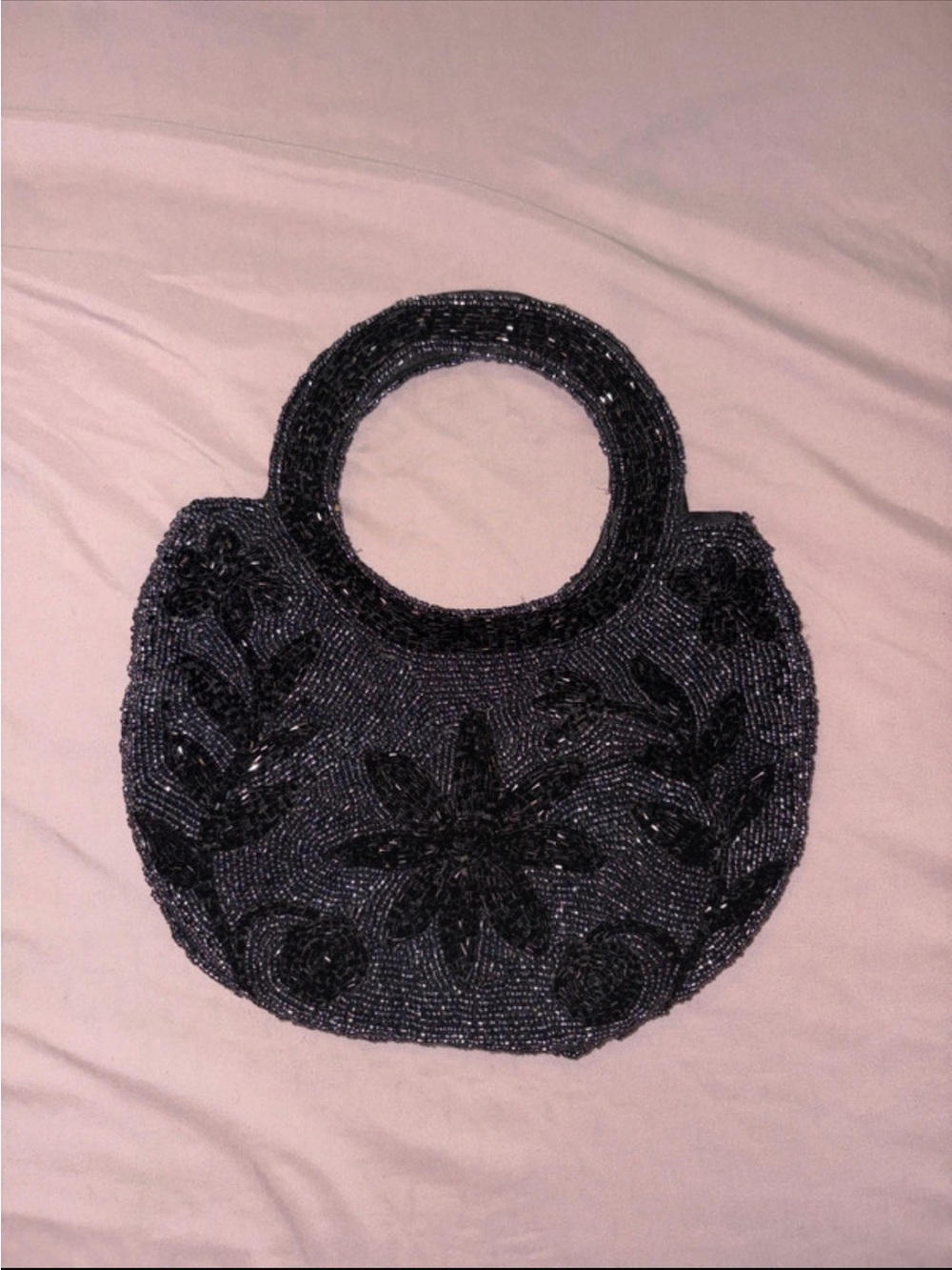 Black Beaded Floral Handbag with Round Handle